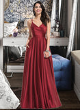 Janelle A-line V-Neck Satin Dresses UKP0015616