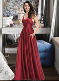 Janelle A-line V-Neck Satin Dresses UKP0015616