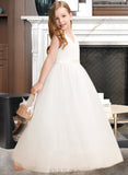 Delaney Ball-Gown/Princess Floor-length Flower Girl Dress - Tulle Sleeveless V-neck With Bow(s)/V Back UKP0015698