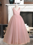 Delaney Ball-Gown/Princess Floor-length Flower Girl Dress - Tulle Sleeveless V-neck With Bow(s)/V Back UKP0015698