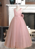 Delaney Ball-Gown/Princess Floor-length Flower Girl Dress - Tulle Sleeveless V-neck With Bow(s)/V Back UKP0015698