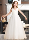 Delaney Ball-Gown/Princess Floor-length Flower Girl Dress - Tulle Sleeveless V-neck With Bow(s)/V Back UKP0015698