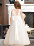 Delaney Ball-Gown/Princess Floor-length Flower Girl Dress - Tulle Sleeveless V-neck With Bow(s)/V Back UKP0015698