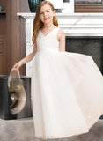 Delaney Ball-Gown/Princess Floor-length Flower Girl Dress - Tulle Sleeveless V-neck With Bow(s)/V Back UKP0015698