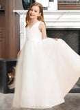 Delaney Ball-Gown/Princess Floor-length Flower Girl Dress - Tulle Sleeveless V-neck With Bow(s)/V Back UKP0015698