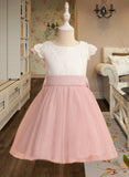 Kathryn A-Line Knee-length Flower Girl Dress - Tulle Short Sleeves Scoop Neck With Lace/Bow(s) UKP0015699