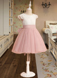 Kathryn A-Line Knee-length Flower Girl Dress - Tulle Short Sleeves Scoop Neck With Lace/Bow(s) UKP0015699