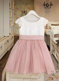 Kathryn A-Line Knee-length Flower Girl Dress - Tulle Short Sleeves Scoop Neck With Lace/Bow(s) UKP0015699