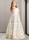 Cynthia A-Line Floor-length Flower Girl Dress - Jacquard Sleeveless V-neck With Flower(s)/Bow(s) UKP0015700