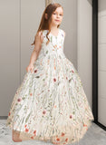 Cynthia A-Line Floor-length Flower Girl Dress - Jacquard Sleeveless V-neck With Flower(s)/Bow(s) UKP0015700