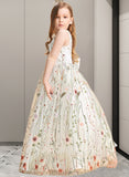 Cynthia A-Line Floor-length Flower Girl Dress - Jacquard Sleeveless V-neck With Flower(s)/Bow(s) UKP0015700