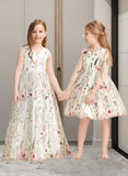 Cynthia A-Line Floor-length Flower Girl Dress - Jacquard Sleeveless V-neck With Flower(s)/Bow(s) UKP0015700