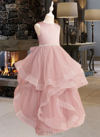 Veronica Ball-Gown/Princess Floor-length Flower Girl Dress - Tulle Sleeveless Scoop Neck With Beading/Bow(s)/V Back UKP0015702