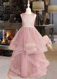 Veronica Ball-Gown/Princess Floor-length Flower Girl Dress - Tulle Sleeveless Scoop Neck With Beading/Bow(s)/V Back UKP0015702