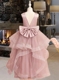 Veronica Ball-Gown/Princess Floor-length Flower Girl Dress - Tulle Sleeveless Scoop Neck With Beading/Bow(s)/V Back UKP0015702