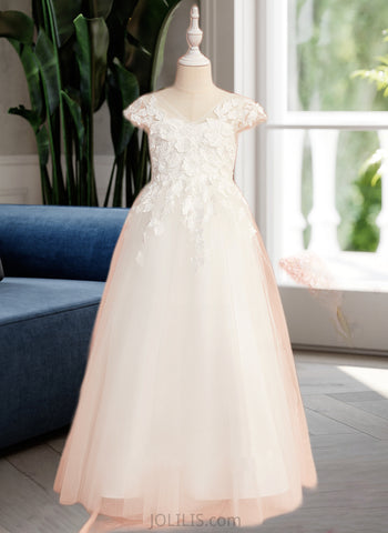 Leah A-Line Floor-length Flower Girl Dress - Tulle Short Sleeves V-neck With Lace/Flower(s) UKP0015704