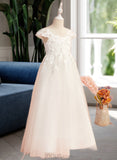 Leah A-Line Floor-length Flower Girl Dress - Tulle Short Sleeves V-neck With Lace/Flower(s) UKP0015704