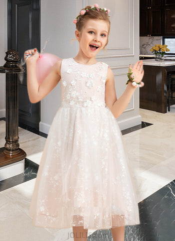 America A-Line Tea-length Flower Girl Dress - Tulle/Lace Sleeveless Scoop Neck With Beading/Flower(s) UKP0015705