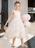 America A-Line Tea-length Flower Girl Dress - Tulle/Lace Sleeveless Scoop Neck With Beading/Flower(s) UKP0015705