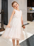 America A-Line Tea-length Flower Girl Dress - Tulle/Lace Sleeveless Scoop Neck With Beading/Flower(s) UKP0015705