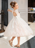 America A-Line Tea-length Flower Girl Dress - Tulle/Lace Sleeveless Scoop Neck With Beading/Flower(s) UKP0015705