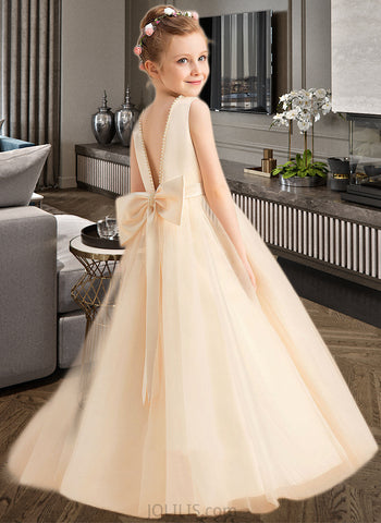 Gabrielle Ball-Gown/Princess Floor-length Flower Girl Dress - Satin/Tulle Sleeveless Scoop Neck With Beading/Bow(s) UKP0015706