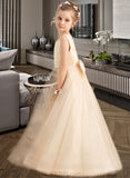 Gabrielle Ball-Gown/Princess Floor-length Flower Girl Dress - Satin/Tulle Sleeveless Scoop Neck With Beading/Bow(s) UKP0015706