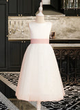 Pearl A-Line Tea-length Flower Girl Dress - Satin/Tulle Sleeveless Scoop Neck With Sash/Bow(s)/V Back UKP0015708