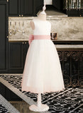 Pearl A-Line Tea-length Flower Girl Dress - Satin/Tulle Sleeveless Scoop Neck With Sash/Bow(s)/V Back UKP0015708