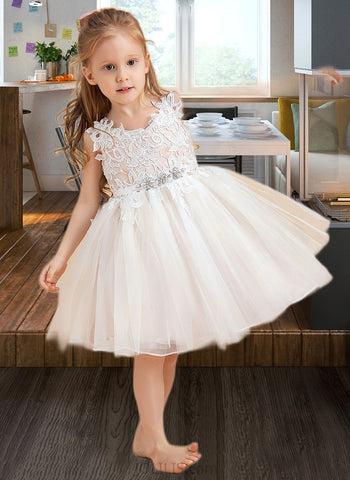 Raven A-Line Knee-length Flower Girl Dress - Tulle/Lace Sleeveless V-neck/Straps UKP0015709