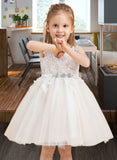 Raven A-Line Knee-length Flower Girl Dress - Tulle/Lace Sleeveless V-neck/Straps UKP0015709