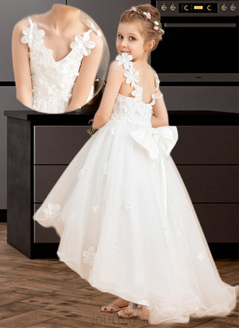 Ansley Ball-Gown/Princess Asymmetrical Flower Girl Dress - Tulle Sleeveless V-neck With Beading/Flower(s)/Bow(s) UKP0015712