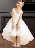 Ansley Ball-Gown/Princess Asymmetrical Flower Girl Dress - Tulle Sleeveless V-neck With Beading/Flower(s)/Bow(s) UKP0015712