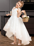 Ansley Ball-Gown/Princess Asymmetrical Flower Girl Dress - Tulle Sleeveless V-neck With Beading/Flower(s)/Bow(s) UKP0015712