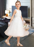 Tamara A-Line Tea-length Flower Girl Dress - Satin/Tulle Sleeveless Scoop Neck With Bow(s) UKP0015713