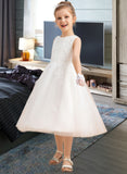 Tamara A-Line Tea-length Flower Girl Dress - Satin/Tulle Sleeveless Scoop Neck With Bow(s) UKP0015713