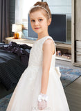 Tamara A-Line Tea-length Flower Girl Dress - Satin/Tulle Sleeveless Scoop Neck With Bow(s) UKP0015713