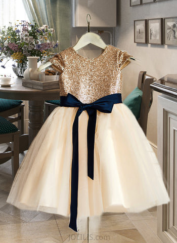 Piper A-Line Knee-length Flower Girl Dress - Tulle/Sequined Sleeveless Scoop Neck With Sash UKP0015716