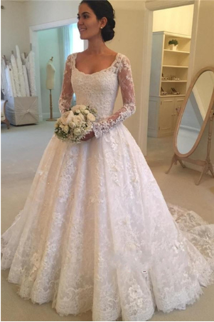 A-Line Lace Appliques V Neck Tulle Long Sleeve Ivory Covered Buttons Wedding Dresses