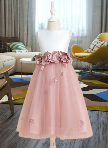 Cloe A-Line Tea-length Flower Girl Dress - Satin/Tulle Sleeveless Scoop Neck With Flower(s)/Bow(s) UKP0015719