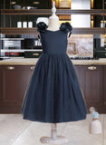 Abby A-Line Tea-length Flower Girl Dress - Satin/Tulle Sleeveless V-neck With Flower(s)/Bow(s) UKP0015721