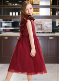 Abby A-Line Tea-length Flower Girl Dress - Satin/Tulle Sleeveless V-neck With Flower(s)/Bow(s) UKP0015721