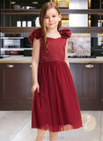 Abby A-Line Tea-length Flower Girl Dress - Satin/Tulle Sleeveless V-neck With Flower(s)/Bow(s) UKP0015721