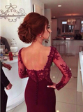 A-Line Sweetheart Long Sleeve Burgundy Prom Dress With Lace Appliques JS98