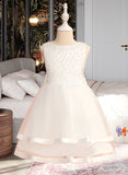 Allyson Ball-Gown/Princess Knee-length Flower Girl Dress - Satin/Tulle Sleeveless Scoop Neck With Beading/Bow(s) UKP0015722