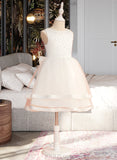 Allyson Ball-Gown/Princess Knee-length Flower Girl Dress - Satin/Tulle Sleeveless Scoop Neck With Beading/Bow(s) UKP0015722