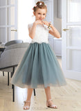 Valerie A-Line Tea-length Flower Girl Dress - Tulle/Lace Sleeveless Scoop Neck UKP0015724