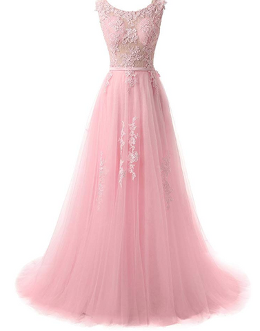 Pretty tulle lace round neck A-line open back long prom dress