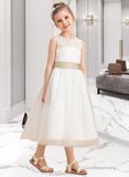 Maleah A-Line/Princess Tea-length Flower Girl Dress - Tulle/Lace Sleeveless Scoop Neck With Sash/Bow(s)/Back Hole UKP0015726