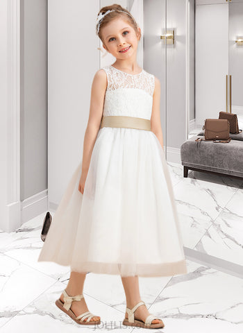 Maleah A-Line/Princess Tea-length Flower Girl Dress - Tulle/Lace Sleeveless Scoop Neck With Sash/Bow(s)/Back Hole UKP0015726